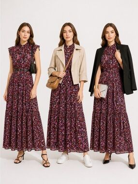 MELLODAY Floral Smocked Maxi Dress in Brown and Pink
